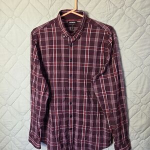 Express Red Plaid Shirt Mens Size L Slim Button Up Long Sleeve Collared